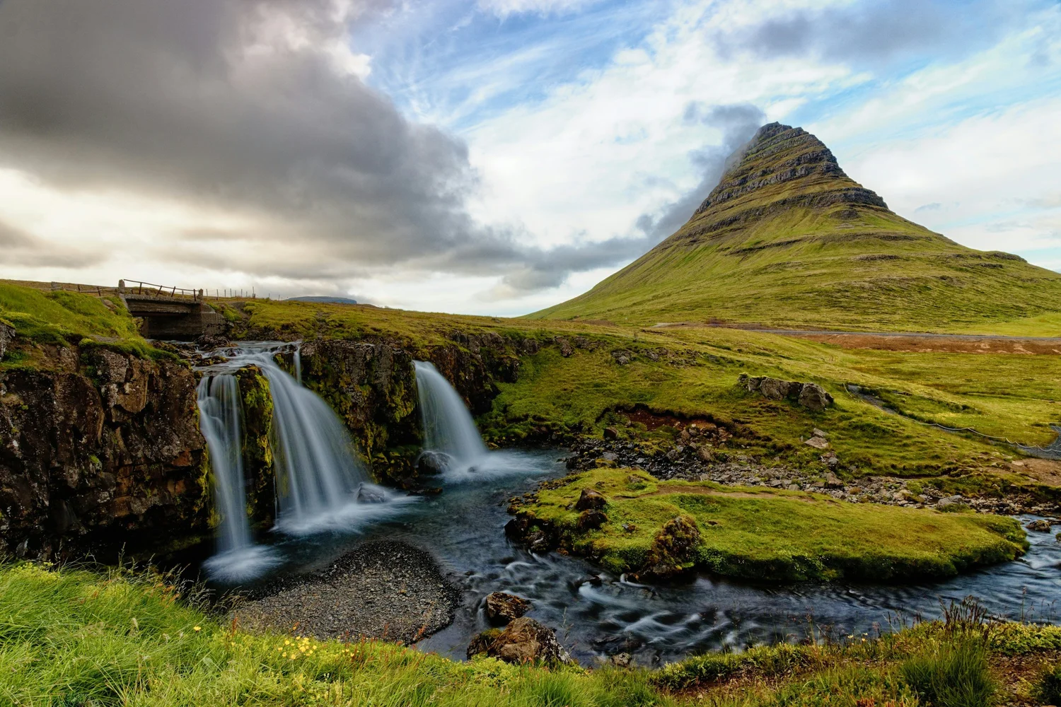 Kirkjufell mountain with waterfall, blue skies and clouds above, Iceland elopement location