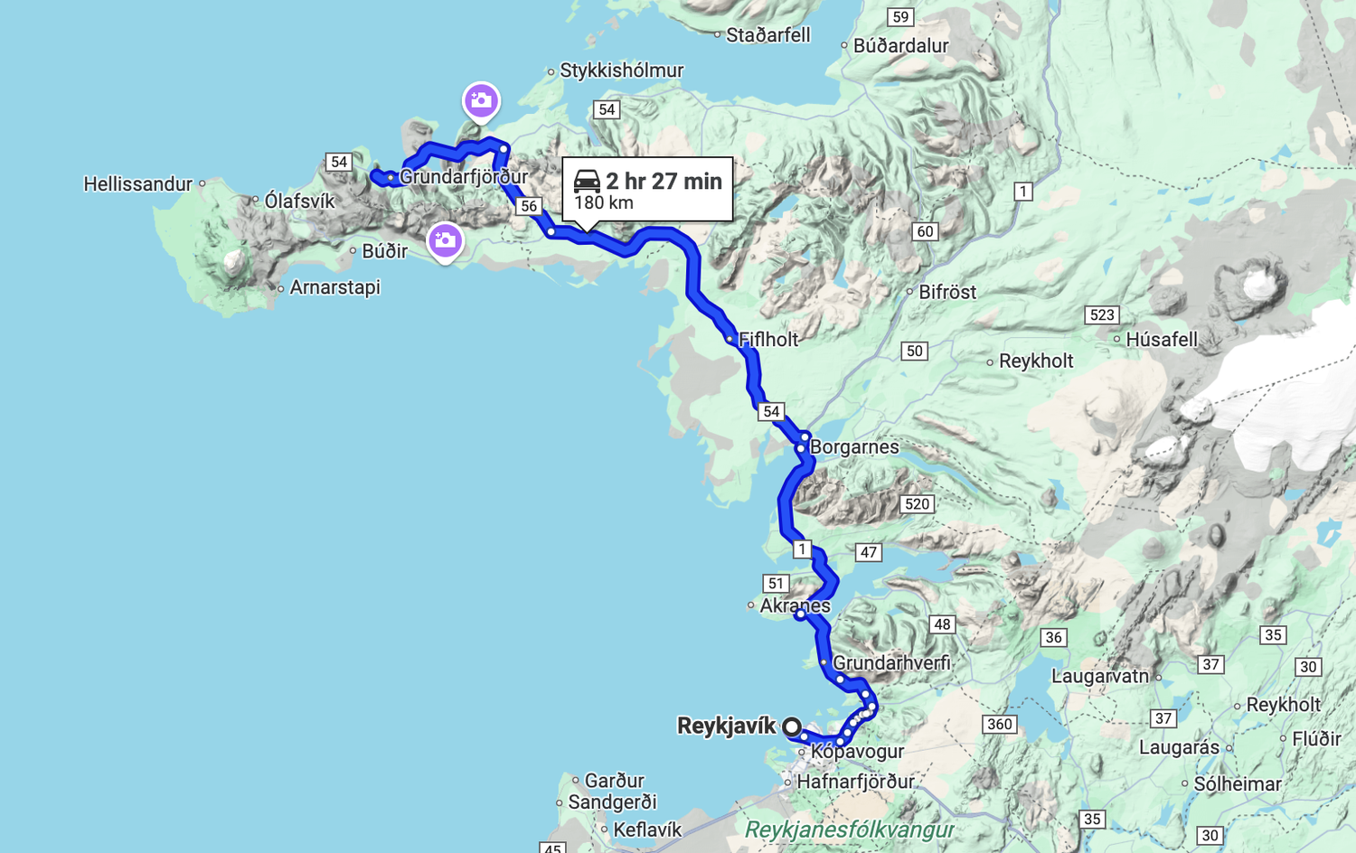 Reykjavik to Kirkjufell driving map