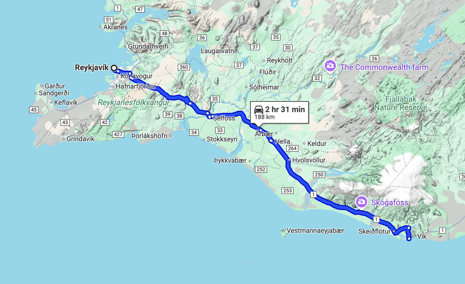 Reykjavik to Reynisfjara driving map