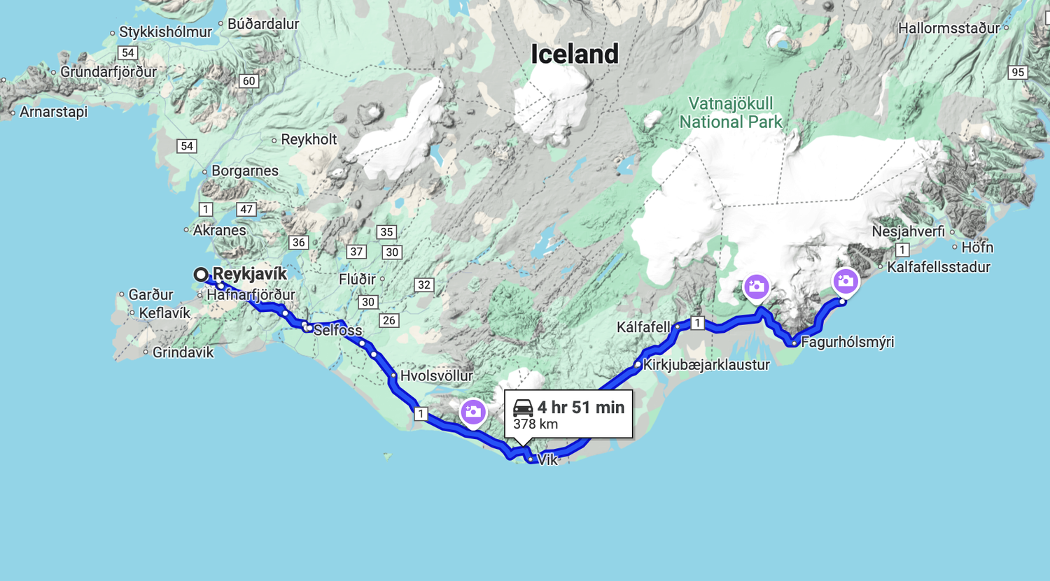 Reykjavik to Jokulsarlon driving map