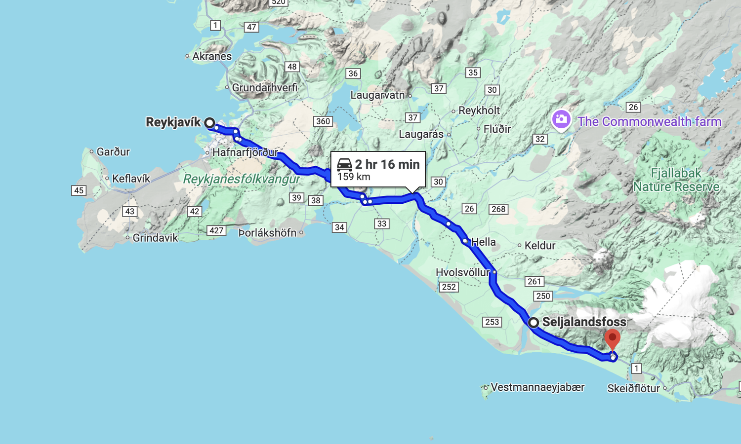 Reykjavik to Seljalandsfoss driving map