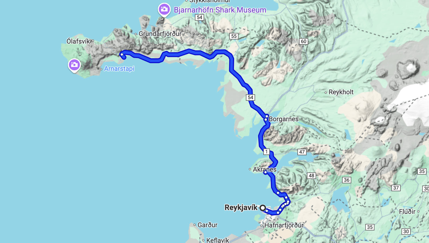 Reykjavik to Budakirkja driving map
