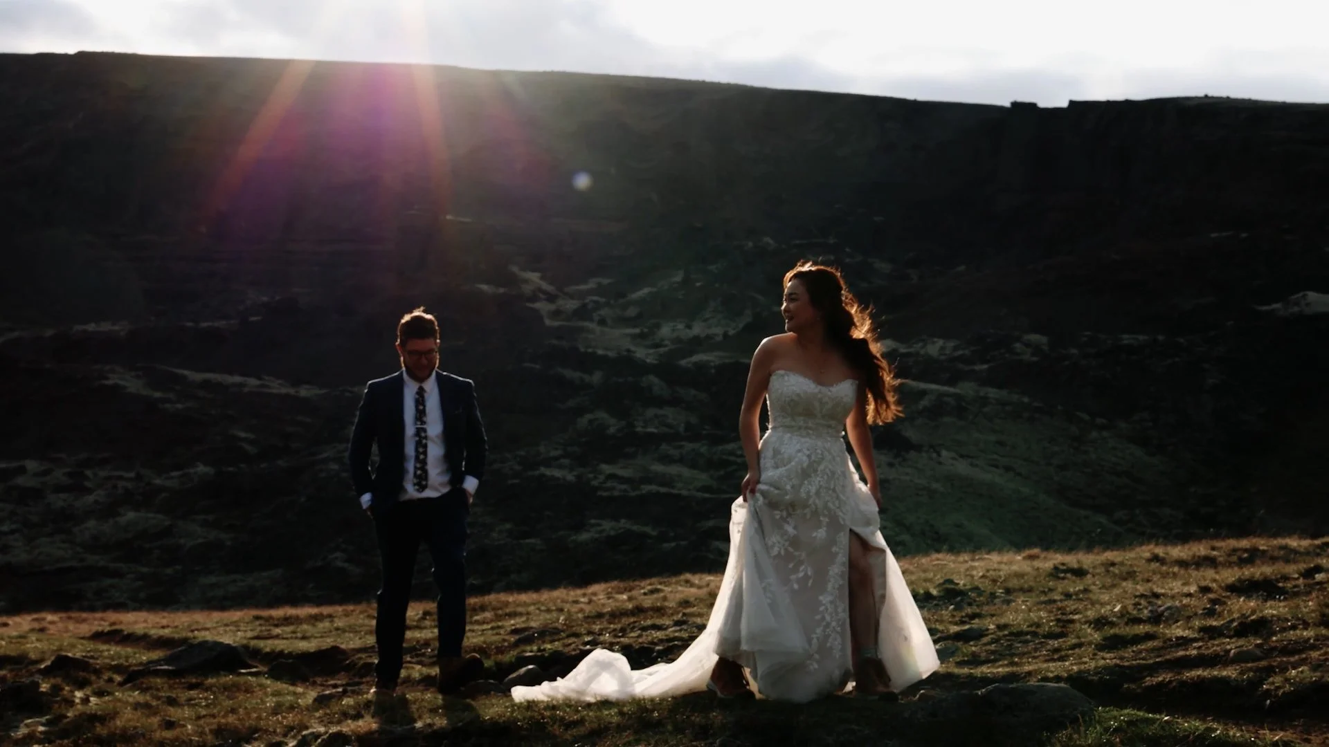 Midnight sun elopement late evening light during a summer Iceland elopement