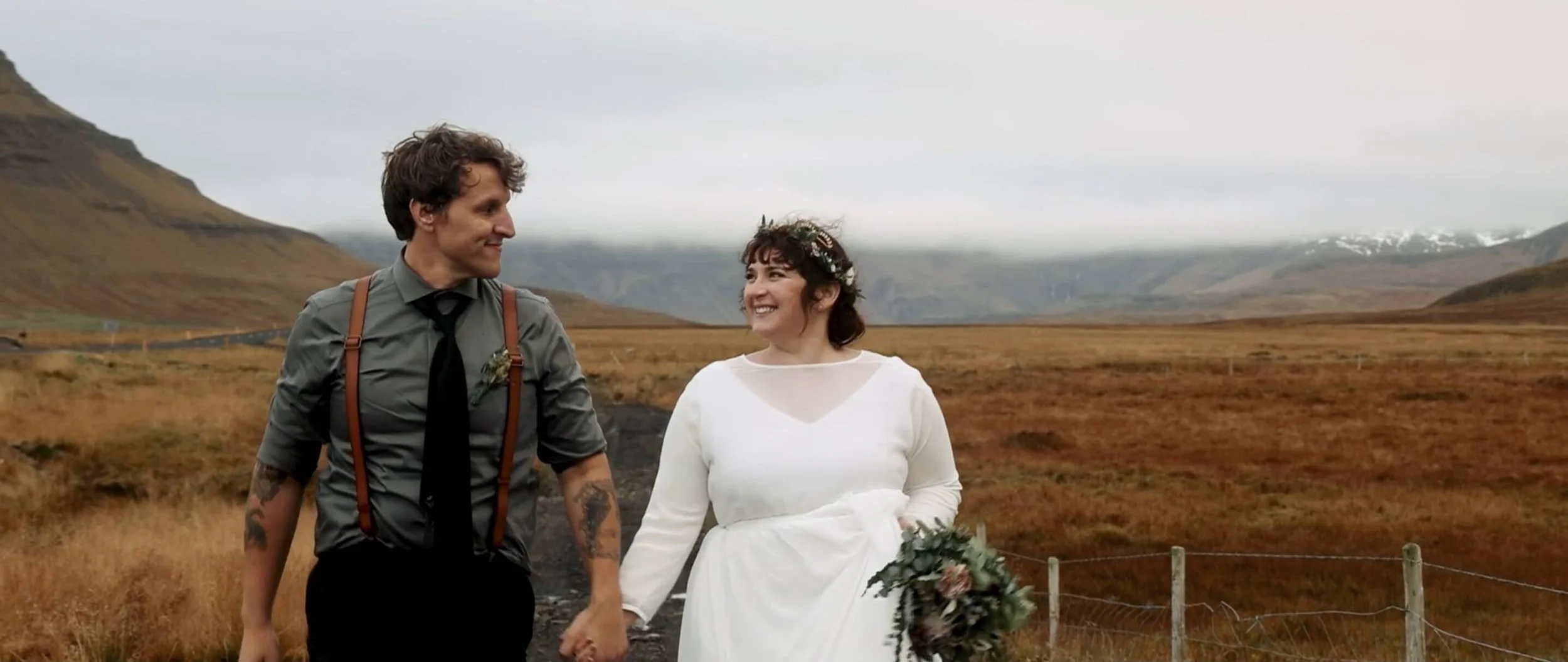 iceland elopement couple smiling mountains in background